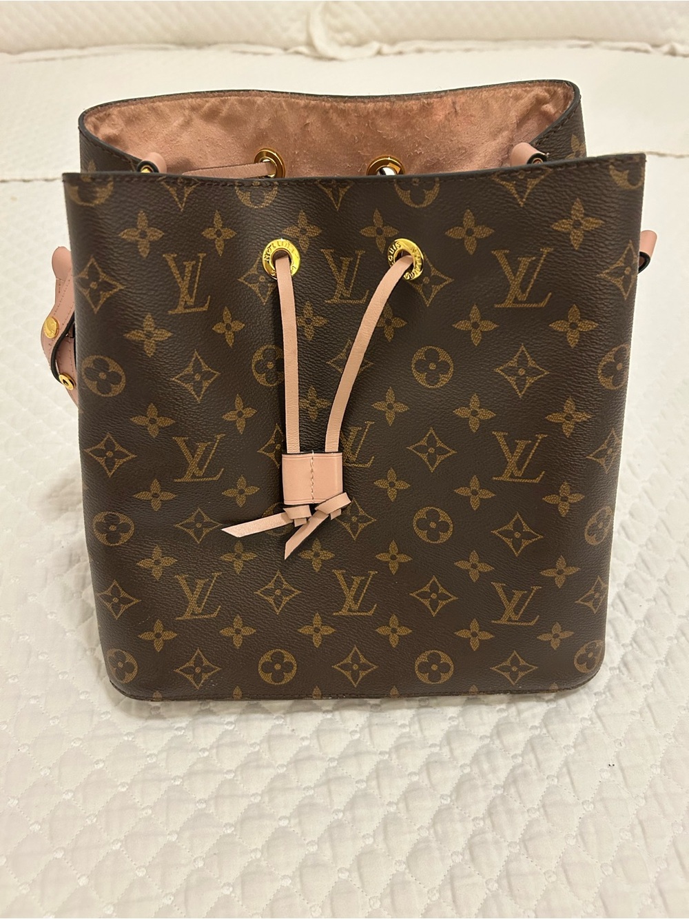Monogram Canvas Bucket Shoulder Bag with Pale Pink Trim